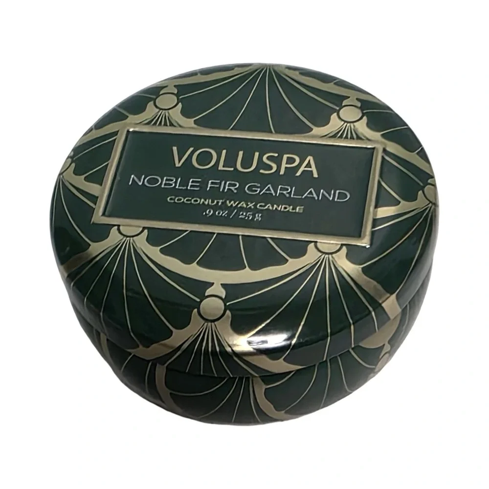 Voluspa Noble Fir‎ Garland Mini Tin Coconut Wax Candle 0.9oz Green Gold Art Deco